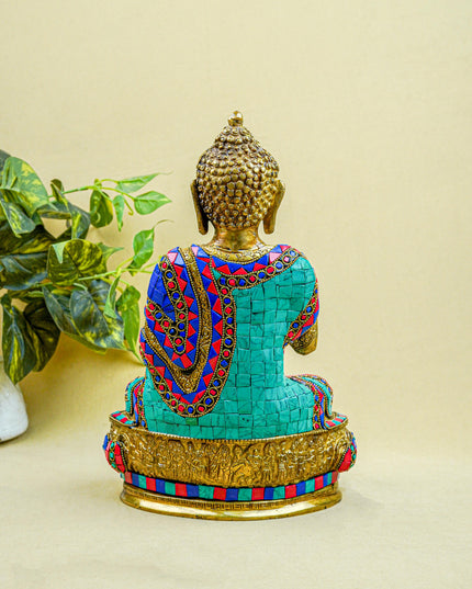 Brass Buddha Idol with Stone Work - 12 inch - WL5563
