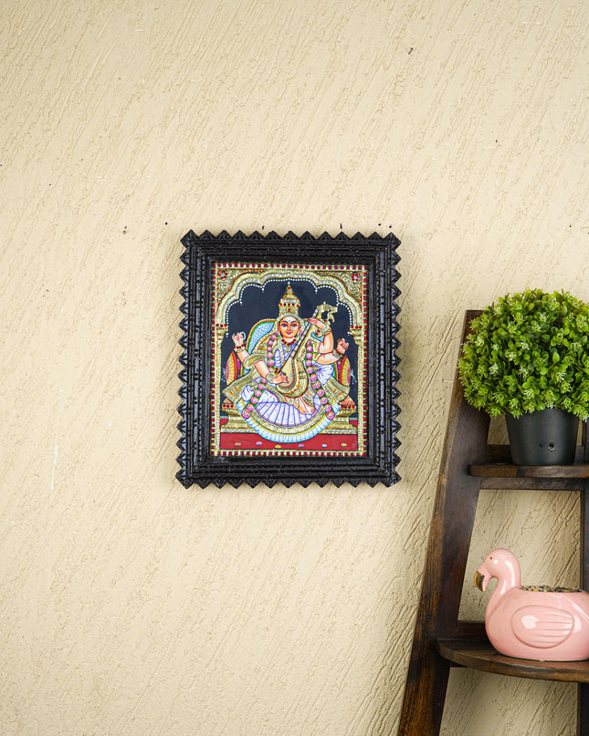 Tanjore Painting (Chettinad Frame) - Saraswathi - Semi Embossed  - 12x10 inch - WL5576