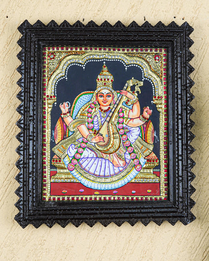 Tanjore Painting (Chettinad Frame) - Saraswathi - Semi Embossed  - 12x10 inch - WL5576