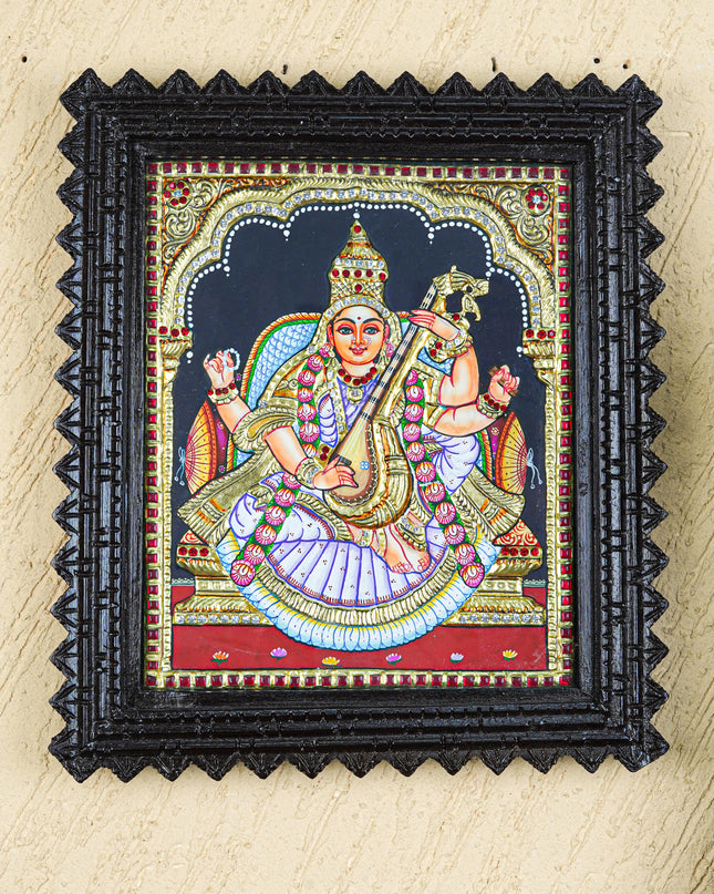 Tanjore Painting (Chettinad Frame) - Saraswathi - Semi Embossed  - 12x10 inch - WL5576