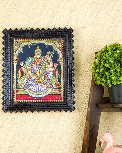 Tanjore Painting (Chettinad Frame) - Saraswathi - Semi Embossed  - 12x10 inch - WL5576