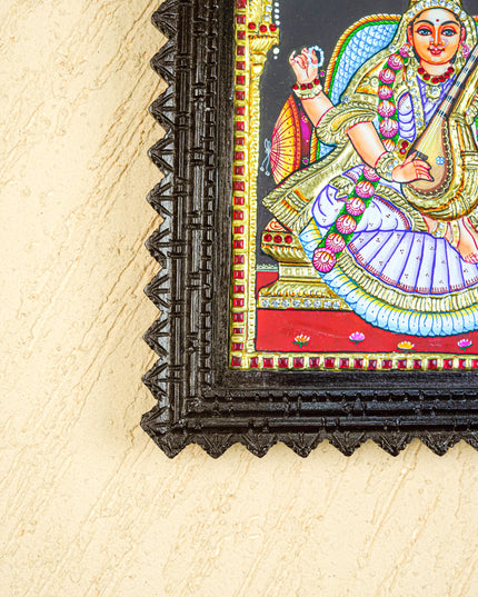 Tanjore Painting (Chettinad Frame) - Saraswathi - Semi Embossed  - 12x10 inch - WL5576