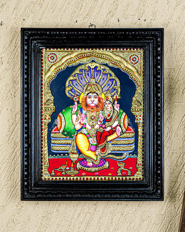 Tanjore Painting - Lakshmi Narasimhar - Semi Embossed - 15x12 inch - WL5577