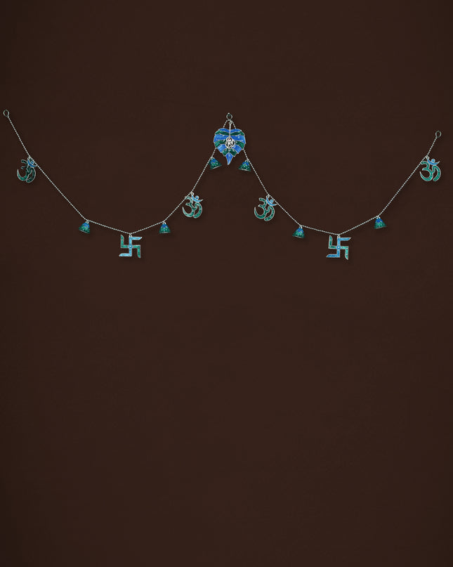 White Metal Thoran with Ganesha & Bell - Blue - WL5583-2