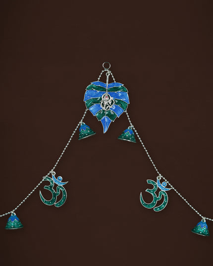 White Metal Thoran with Ganesha & Bell - Blue - WL5583-2