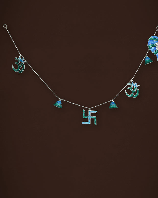 White Metal Thoran with Ganesha & Bell - Blue - WL5583-2