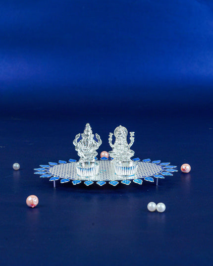 White Metal Lakshmi Ganesha Kumkum Holder - Blue - WL5586-2