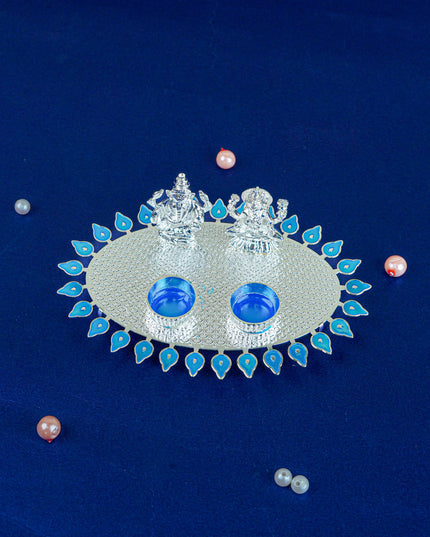 White Metal Lakshmi Ganesha Kumkum Holder - Blue - WL5586-2