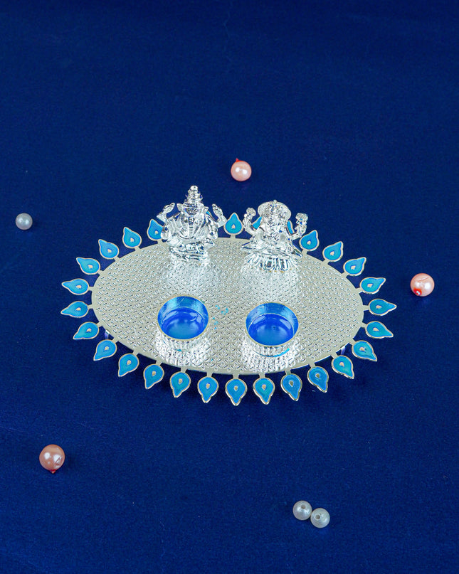 White Metal Lakshmi Ganesha Kumkum Holder - Blue - WL5586-2