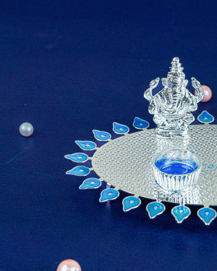 White Metal Lakshmi Ganesha Kumkum Holder - Blue - WL5586-2