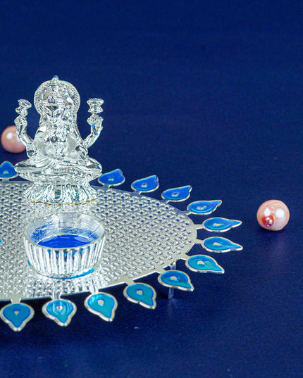 White Metal Lakshmi Ganesha Kumkum Holder - Blue - WL5586-2