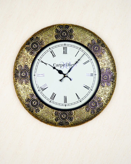 Wall Clocks - Embossed Brass with Flower Design - 18 inch - WL5593