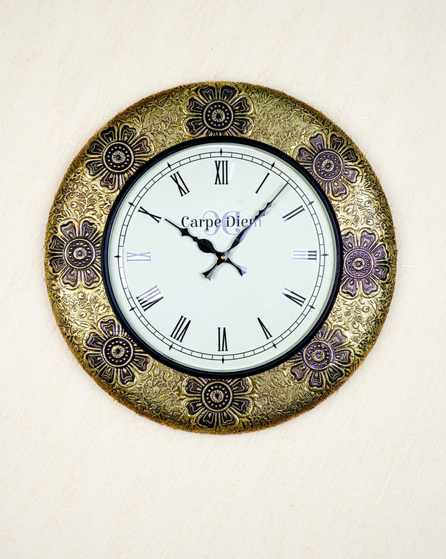 Wall Clocks - Embossed Brass with Flower Design - 18 inch - WL5593