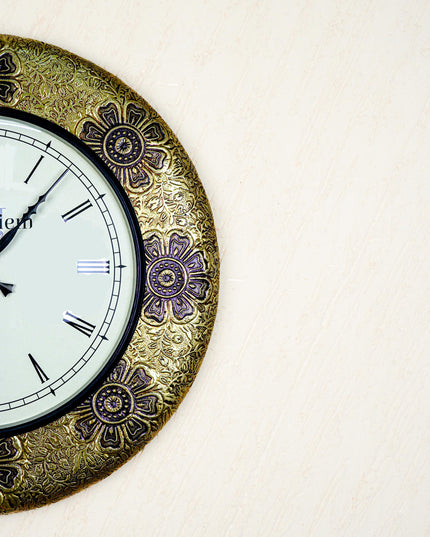 Wall Clocks - Embossed Brass with Flower Design - 18 inch - WL5593