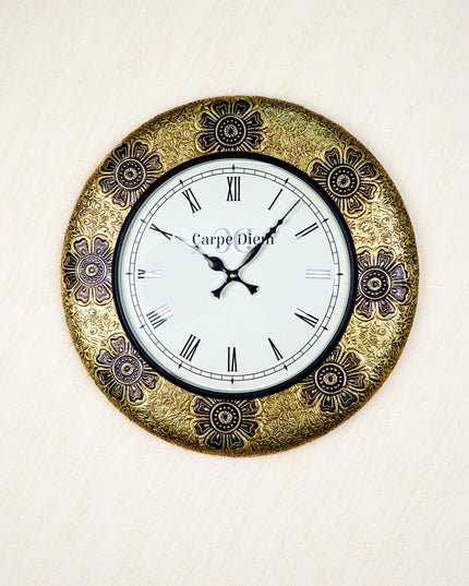 Wall Clocks - Embossed Brass with Flower Design - 18 inch - WL5593