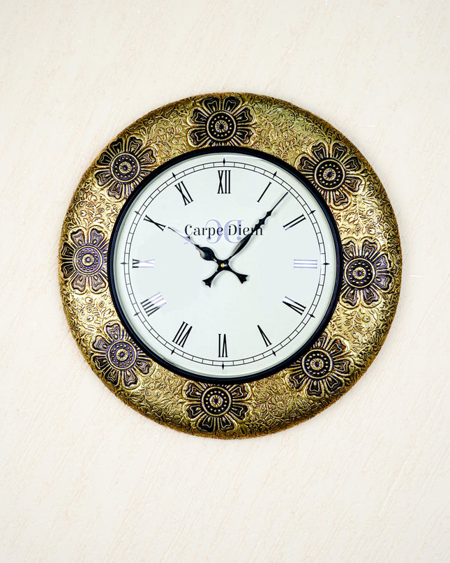Wall Clocks - Embossed Brass with Flower Design - 18 inch - WL5593