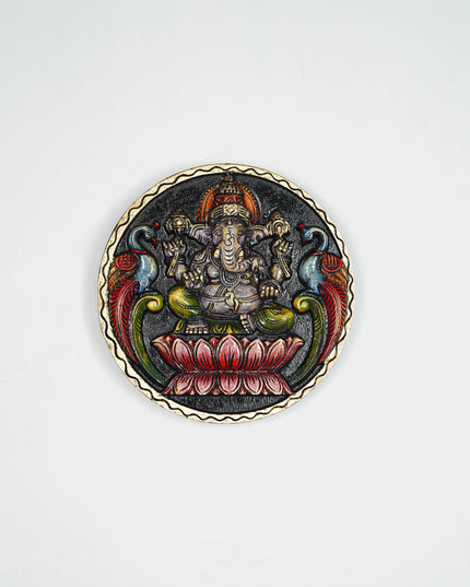 Wooden Carved Ganesha Round Frame - Purple - 12 inch - WL5620-1