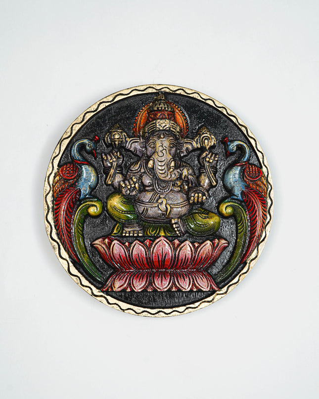 Wooden Carved Ganesha Round Frame - Purple - 12 inch - WL5620-1