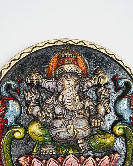 Wooden Carved Ganesha Round Frame - Purple - 12 inch - WL5620-1
