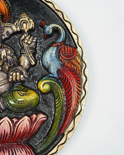 Wooden Carved Ganesha Round Frame - Purple - 12 inch - WL5620-1