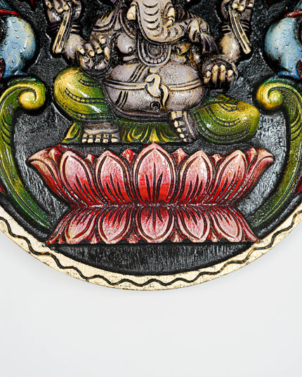 Wooden Carved Ganesha Round Frame - Purple - 12 inch - WL5620-1