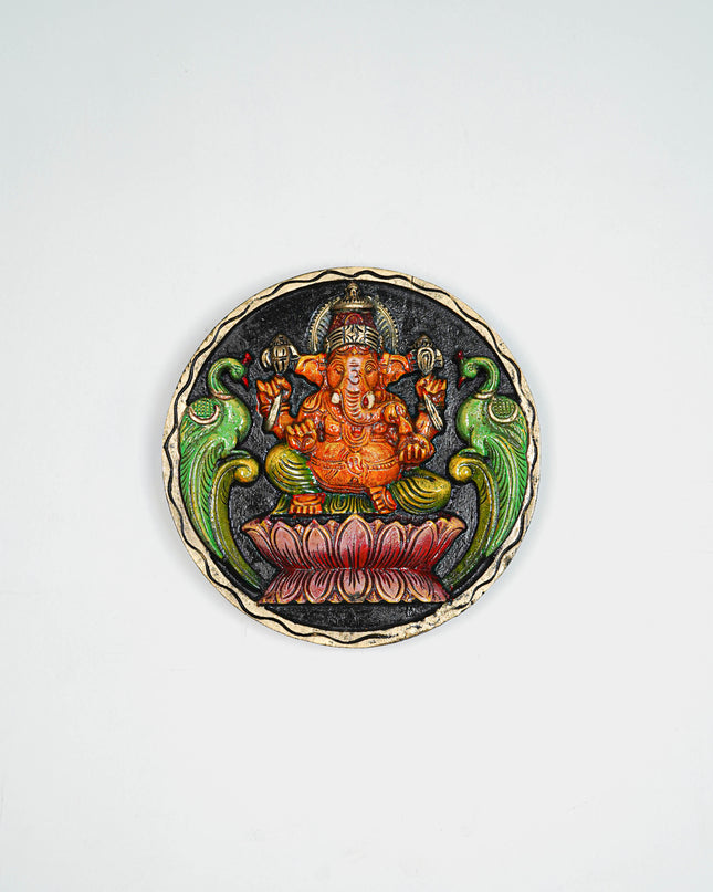 Wooden Carved Ganesha Round Frame - Orange - 12 inch - WL5620-2