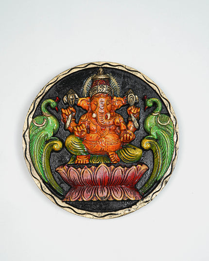 Wooden Carved Ganesha Round Frame - Orange - 12 inch - WL5620-2