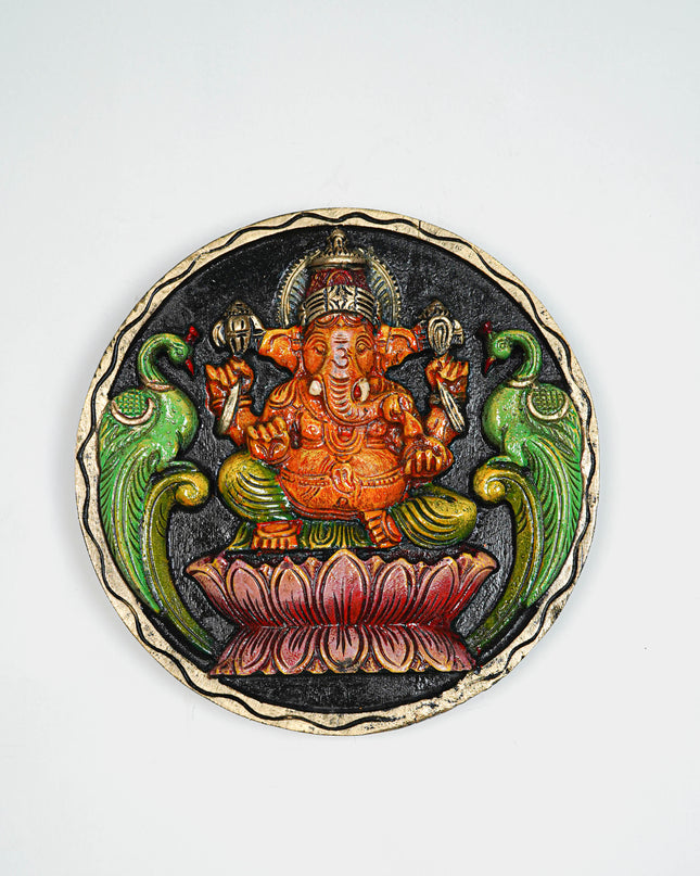 Wooden Carved Ganesha Round Frame - Orange - 12 inch - WL5620-2