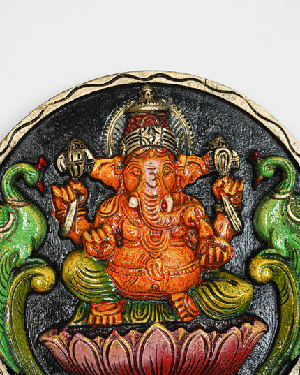 Wooden Carved Ganesha Round Frame - Orange - 12 inch - WL5620-2