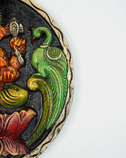 Wooden Carved Ganesha Round Frame - Orange - 12 inch - WL5620-2