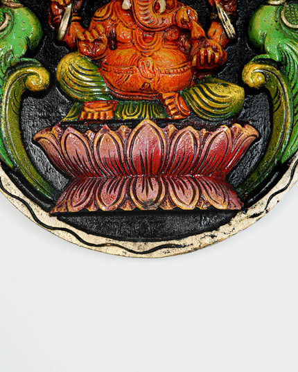 Wooden Carved Ganesha Round Frame - Orange - 12 inch - WL5620-2