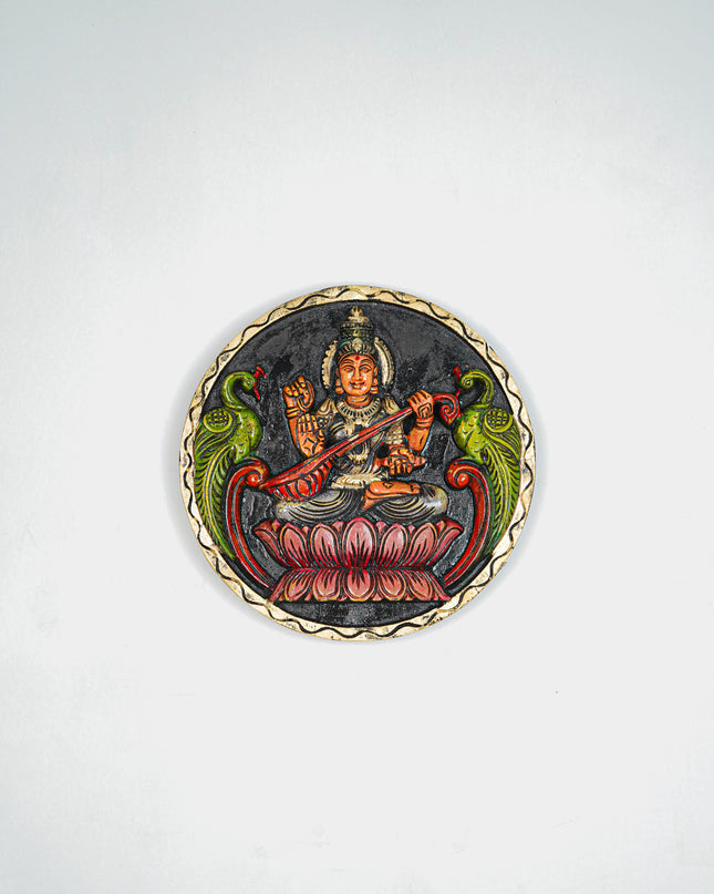 Wooden Carved Lakshmi Round Frame - Voilet - 12 inch - WL5621-1