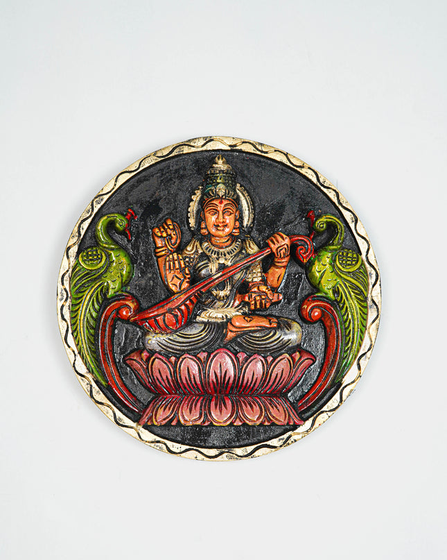 Wooden Carved Lakshmi Round Frame - Voilet - 12 inch - WL5621-1