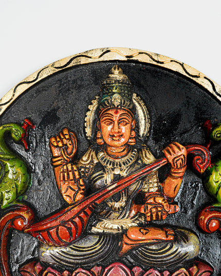 Wooden Carved Lakshmi Round Frame - Voilet - 12 inch - WL5621-1