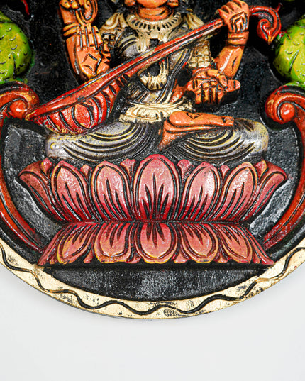 Wooden Carved Lakshmi Round Frame - Voilet - 12 inch - WL5621-1