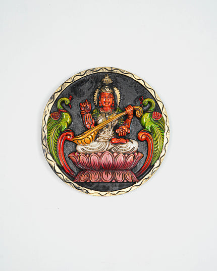 Wooden Carved Ganesha Round Frame - White - 12 inch - WL5621-2