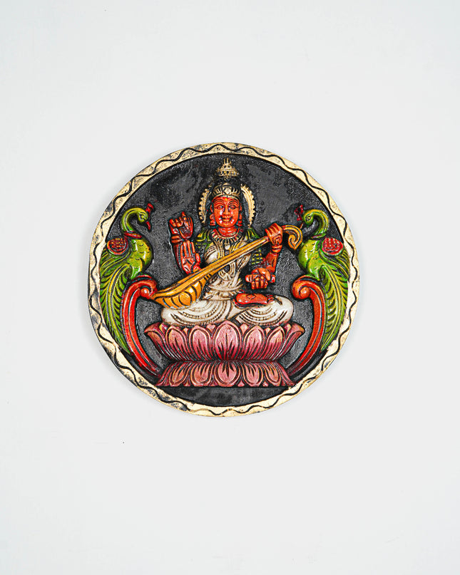 Wooden Carved Ganesha Round Frame - White - 12 inch - WL5621-2