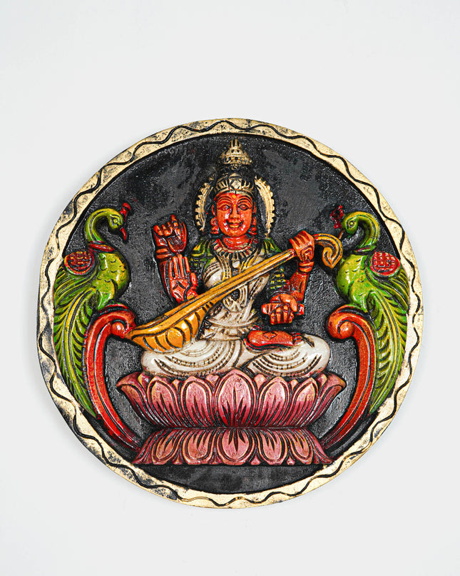 Wooden Carved Ganesha Round Frame - White - 12 inch - WL5621-2