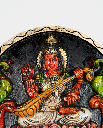 Wooden Carved Ganesha Round Frame - White - 12 inch - WL5621-2