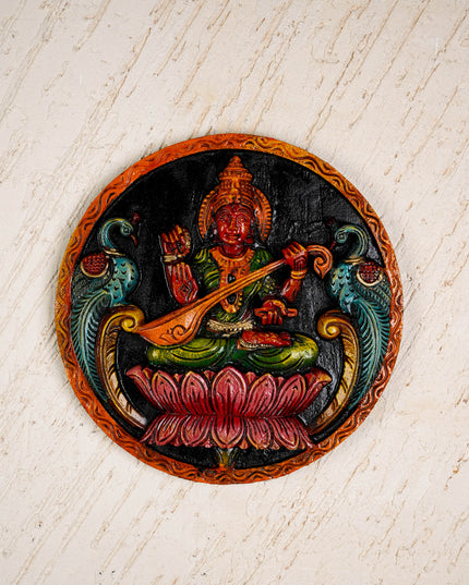 Wooden Carved Lakshmi Round Frame - 12 inch - WL5621-1