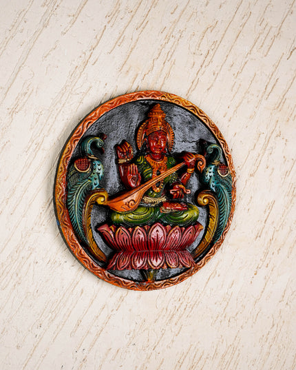Wooden Carved Lakshmi Round Frame - 12 inch - WL5621-1