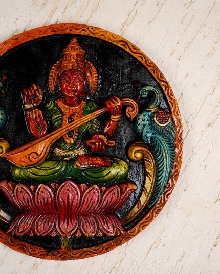 Wooden Carved Lakshmi Round Frame - 12 inch - WL5621-1
