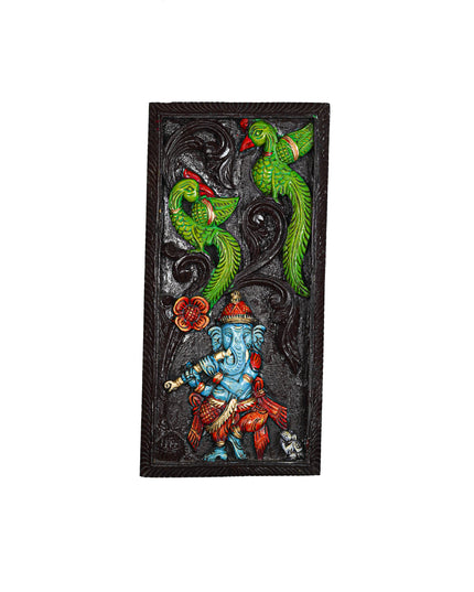 Wooden Carved Ganesha with Parrot Wall Hanging Frame - 24 inch - WL5623