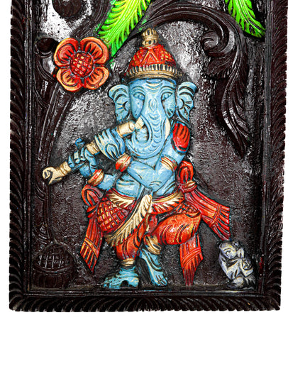 Wooden Carved Ganesha with Parrot Wall Hanging Frame - 24 inch - WL5623
