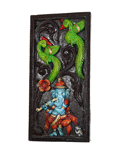 Wooden Carved Ganesha with Parrot Wall Hanging Frame - 24 inch - WL5623