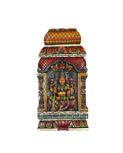 Wooden Carved Saraswathi with Gopuram Design Wall Hanging Frame - 24 inch - WL5624
