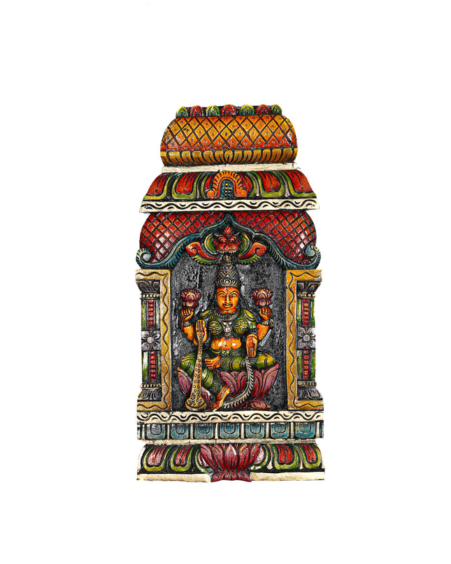 Wooden Carved Saraswathi with Gopuram Design Wall Hanging Frame - 24 inch - WL5624