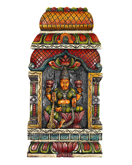 Wooden Carved Saraswathi with Gopuram Design Wall Hanging Frame - 24 inch - WL5624