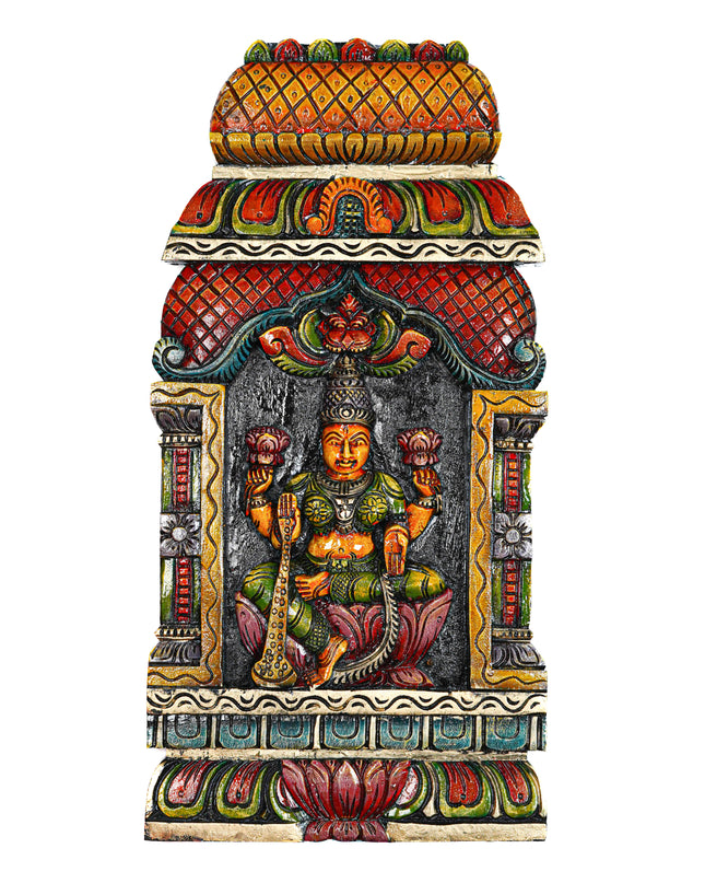 Wooden Carved Saraswathi with Gopuram Design Wall Hanging Frame - 24 inch - WL5624