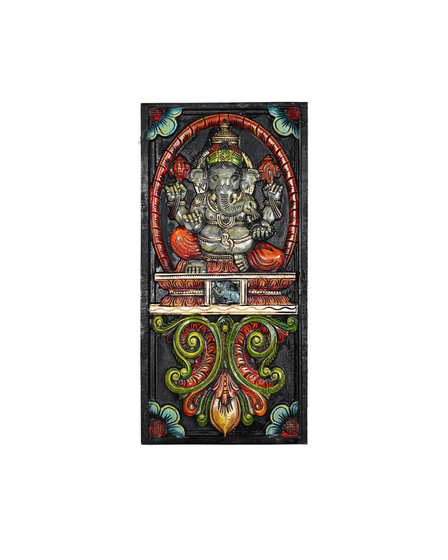 Wooden Carved Ganesha with Flower Design Wall Hanging Frame - 24 inch - WL5625